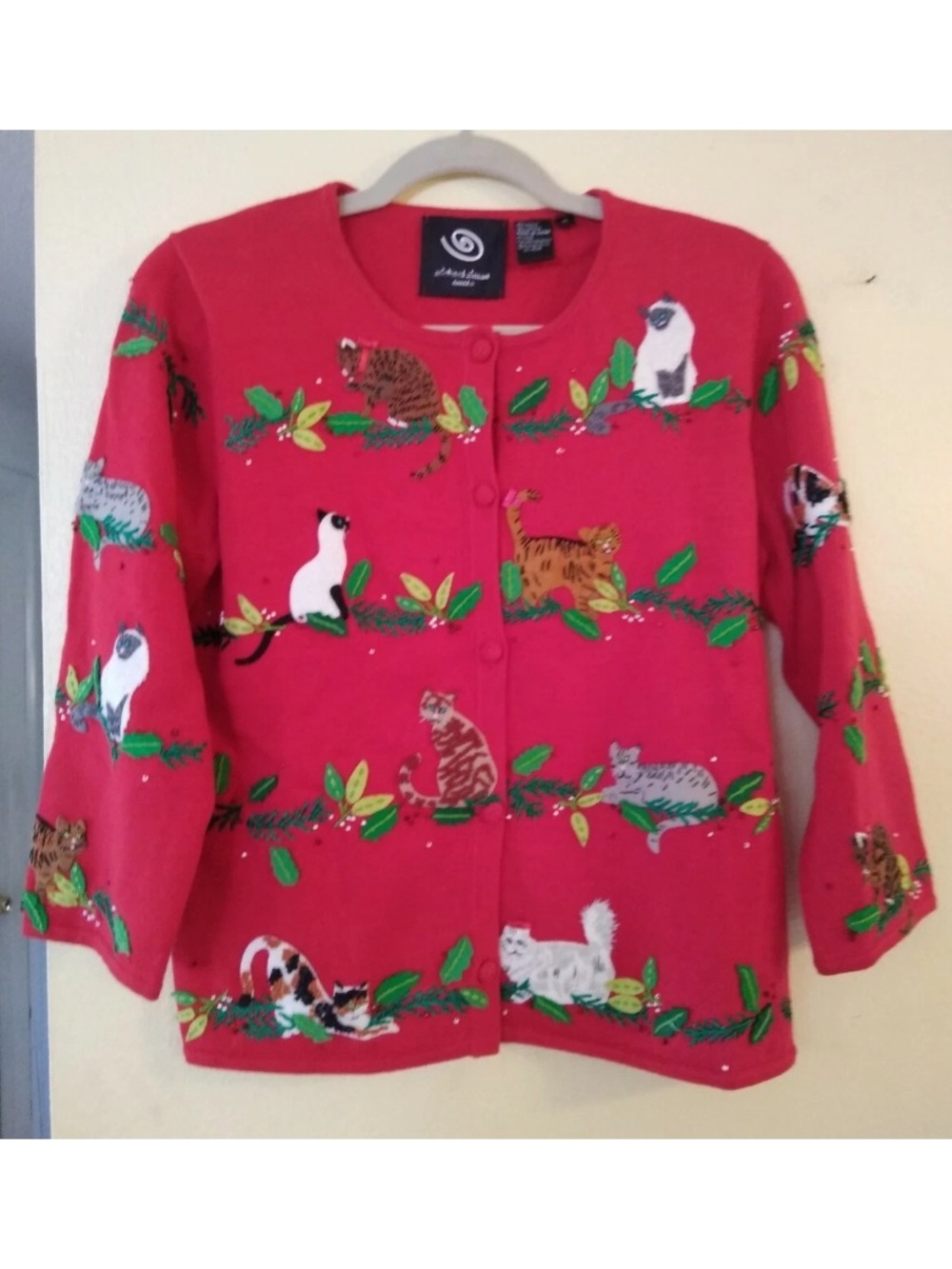 HTF Michael Simon Event Sweater Cats Bows Cardigan Sz M Ramie Cotton Red